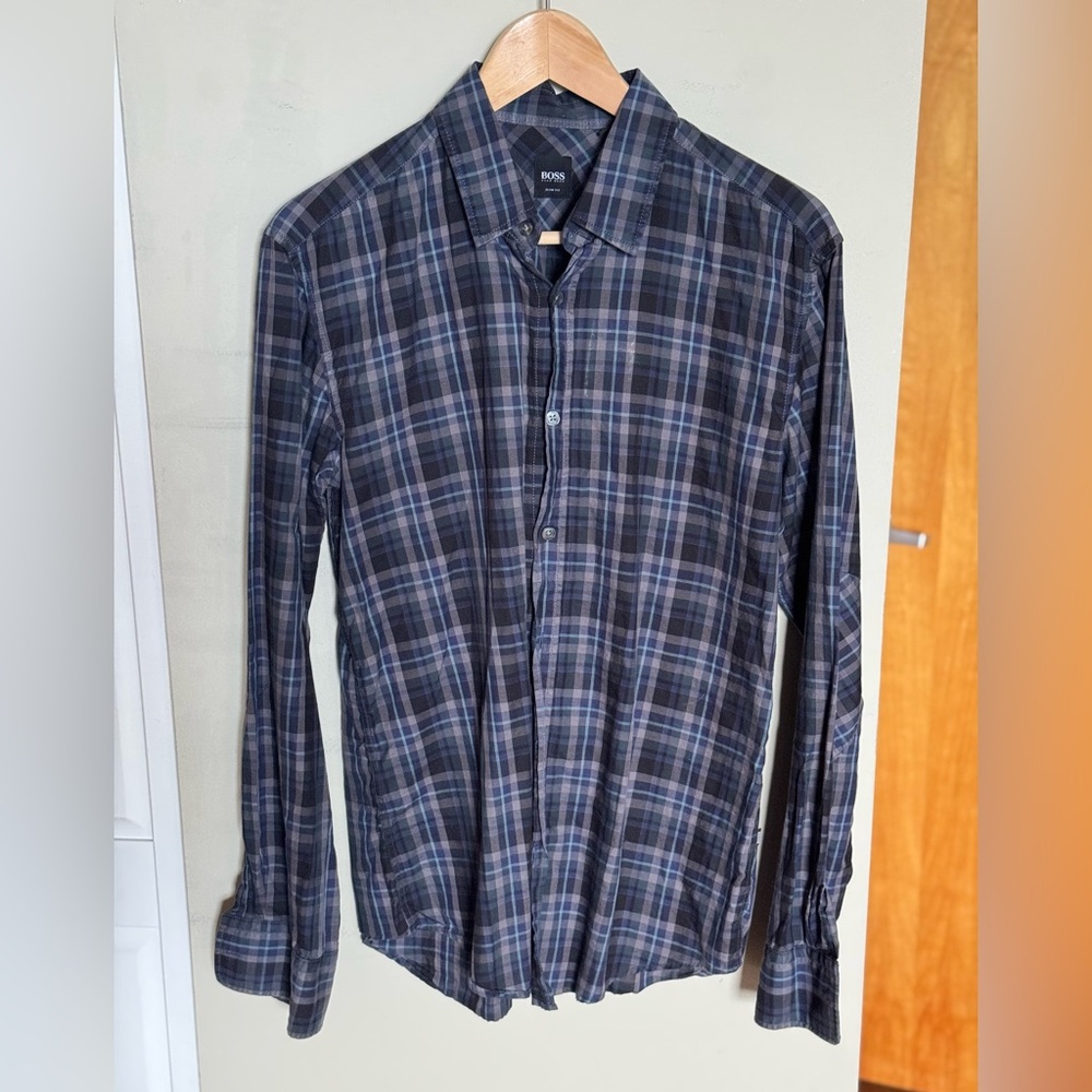 Boss Men's Dark Plaid Slim Fit Button Down Shirt